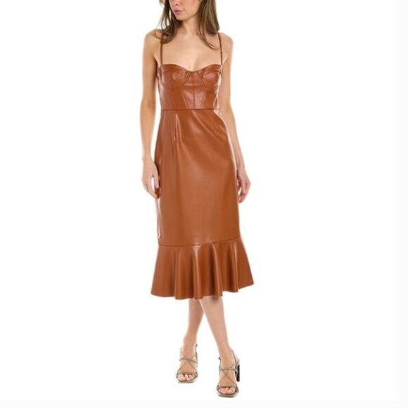HUTCH Zaya Faux Leather Corset Midi Dress Cognac Brown Sz 4 {3E3} - Picture 1 of 6